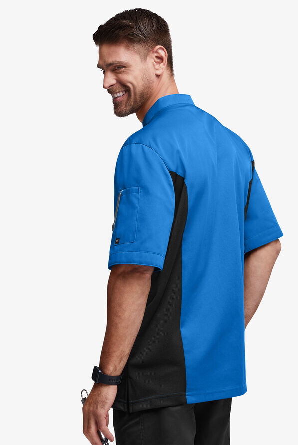 Chef Uniforms Men's 2-Pocket Short Sleeve Snap Front Closure w/ Mesh Side Panels Executive Chef Coat - Ocean Blue/Black - 4