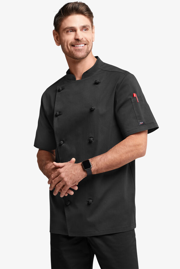Chef Uniforms Men's Short Sleeve Knotted Button Executive Chef Coat - Black - 1