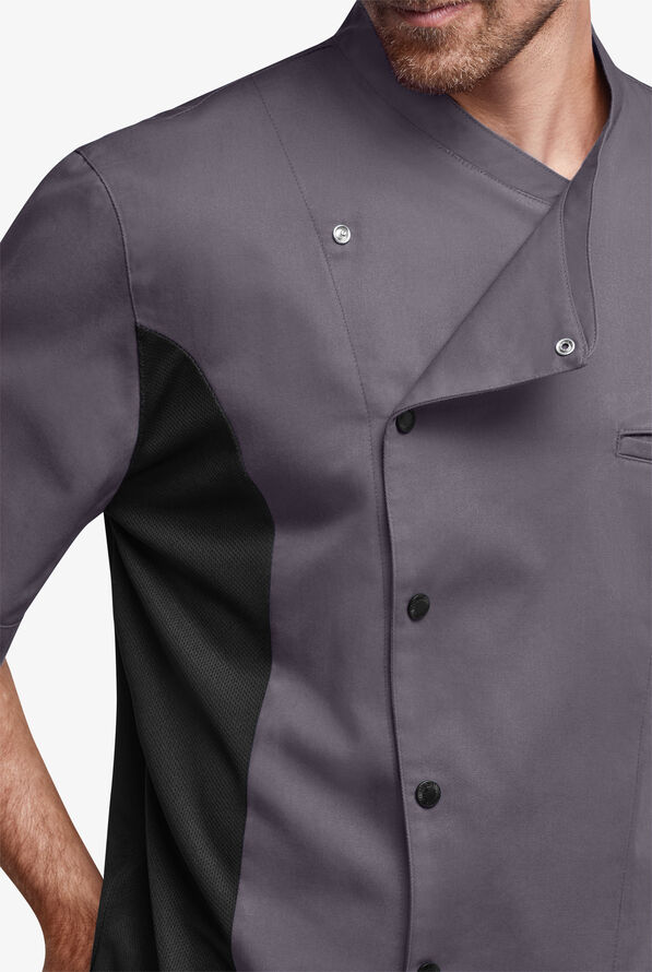 Chef Uniforms Men's 2-Pocket Short Sleeve Snap Front Closure w/ Mesh Side Panels Executive Chef Coat - Pebble Grey/Black - 3