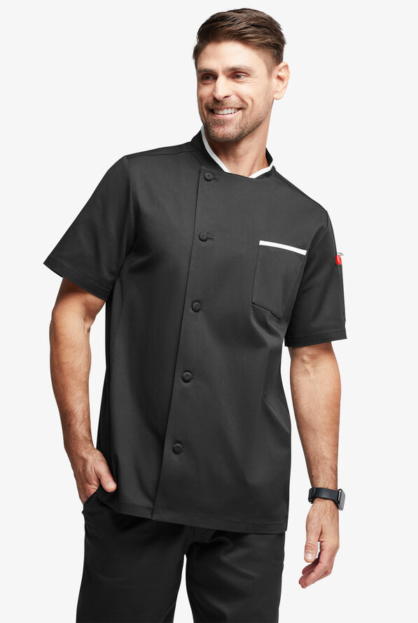 Chef Uniforms Men's Mesh Side Panel Single Breasted Executive Chef Coat - Black/White - 1