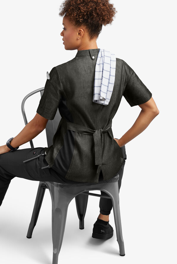 Industry Line Women's 3-Pocket Short Sleeve w/ Tech Mesh Side Panels Chambray Chef Coat - Black - 5