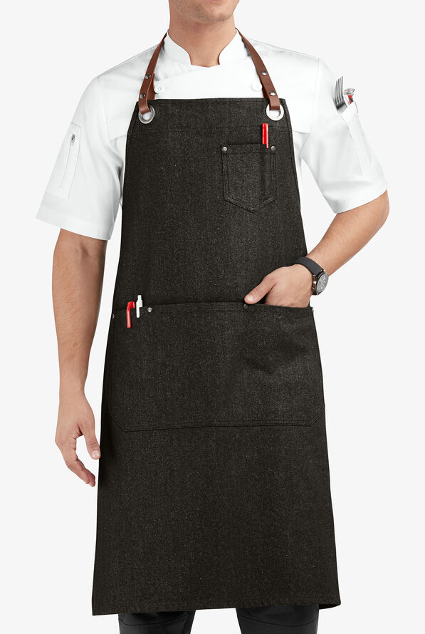 Delantal unisex ajustable de gastronomía Industry Line Premium Denim con 5 bolsillos y pechera - Black Denim - 1