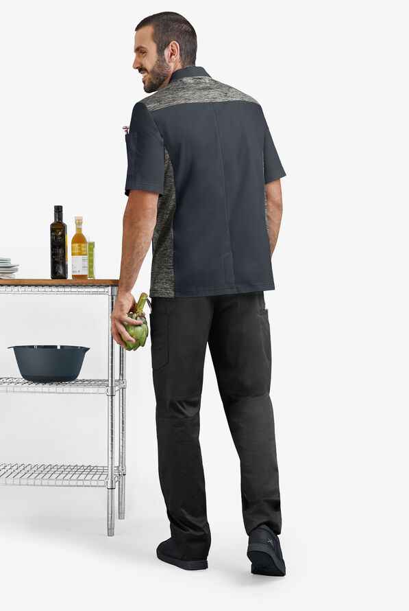 CHEF 360 Men's 2-Pocket Short Sleeve w/ Knit Panels STRETCH Executive Chef Coat - Pewter/Charcoal Melange - 5