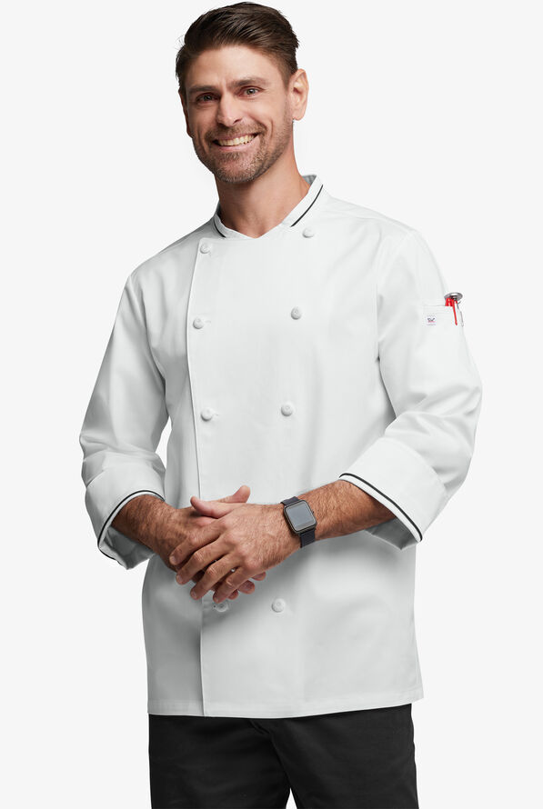 Chef Uniforms Men's 3/4 Sleeve Double Breasted Executive Chef Coat - White/Black - 1