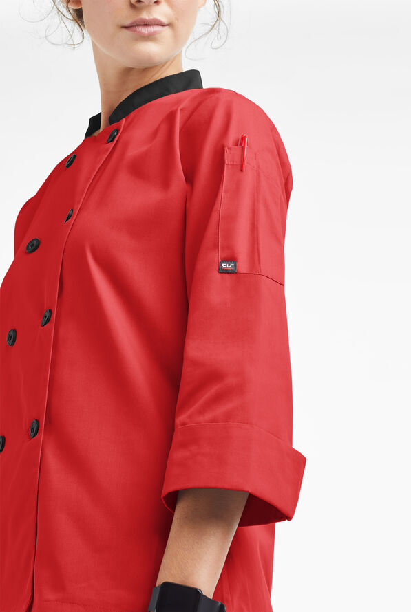 LIGHTWEIGHT Women's 3/4 Sleeve w/ Plastic Buttons Chef Coat - Red/Black - 3