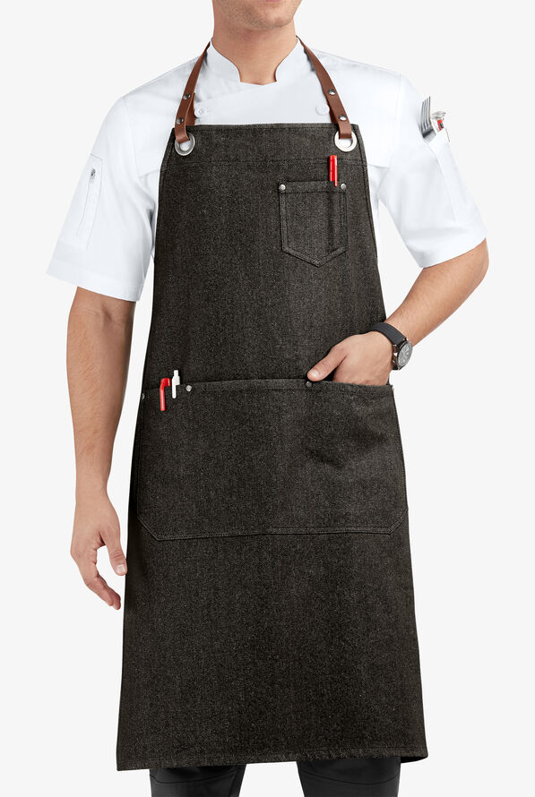 Delantal unisex ajustable de gastronomía Industry Line Premium Denim con 5 bolsillos y pechera - Coal Black Denim - 1
