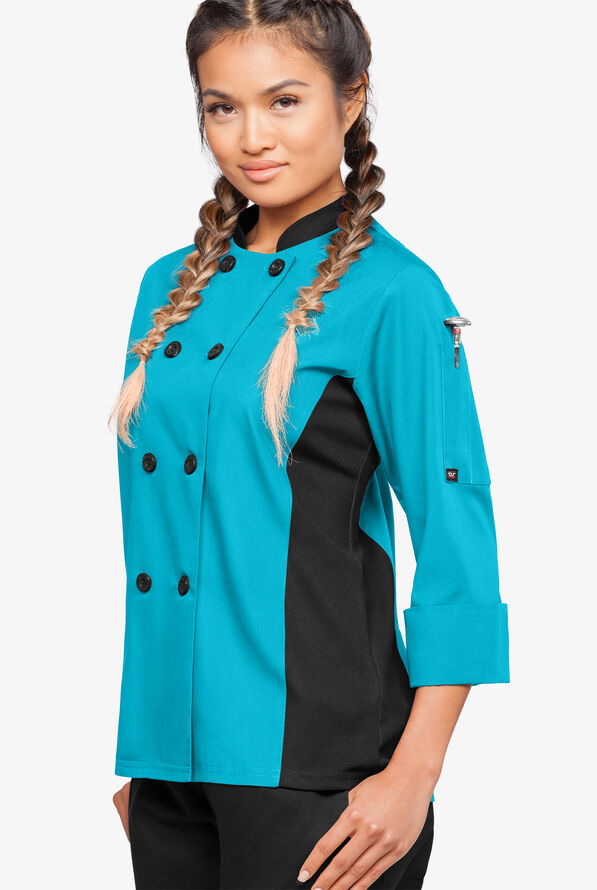 Chaqueta manga 3/4 de gastronomía con puños napolitanos y paneles laterales de malla para mujer - Turquoise/Black - 1
