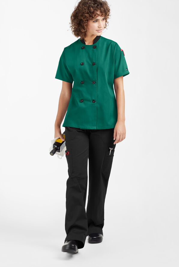 LIGHTWEIGHT Women's 1-Pocket Short Sleeve Double Breasted Chef Coat - Hunter/Black - 4