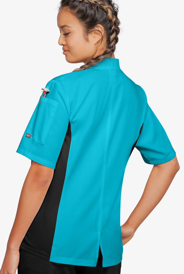 Women's -LIGHTWEIGHT- Short Sleeve Coat with -MESH- Side Panels - **SLIGHTLY IRREGULAR** - Turquoise/Black - 4