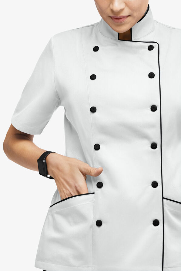 Chef Uniforms Women's 3-Pocket Short Sleeve Executive Chef Coat - White/Black - 4