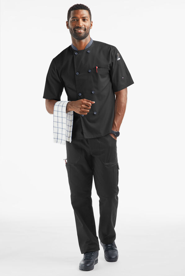 LIGHTWEIGHT Men's Double Breasted w/ Plastic Buttons Chef Coat - Black/Granite - 4