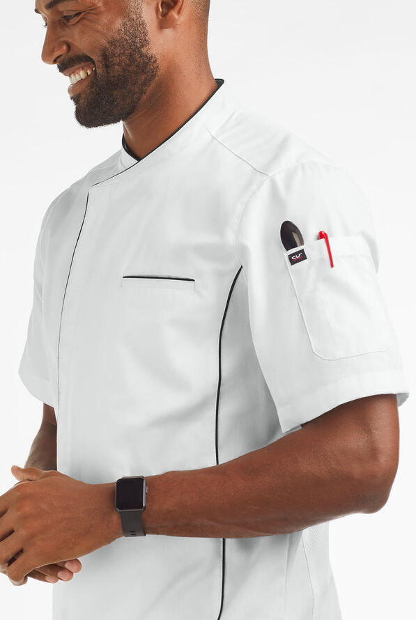 Chef Uniforms Men's 2-Pocket Short Sleeve Snap Closure with MESH Back Panels Executive Chef Coat - White/Black - 3
