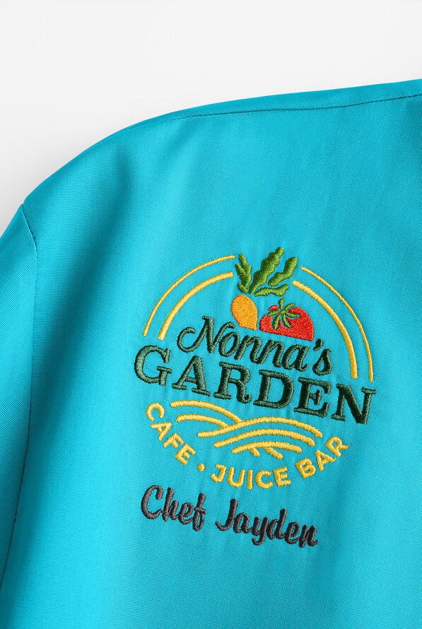 LIGHTWEIGHT Men's 2-Pocket Short Sleeve w/ Mesh Side Panels Chef Coat - Turquoise/Black - 4