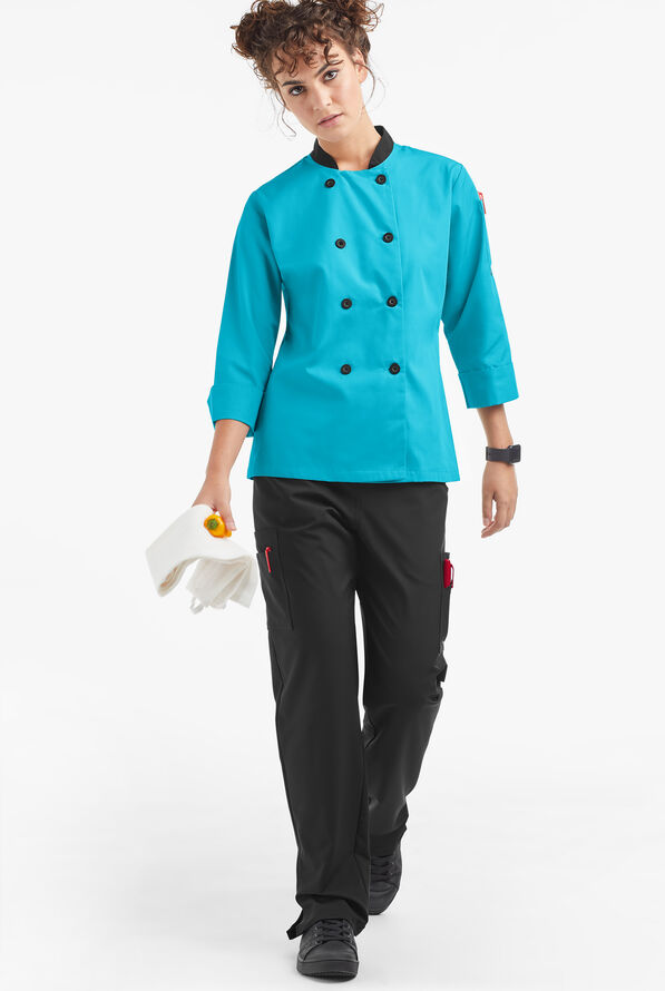 LIGHTWEIGHT Women's 3/4 Sleeve w/ Plastic Buttons Chef Coat - Turquoise/Black - 4