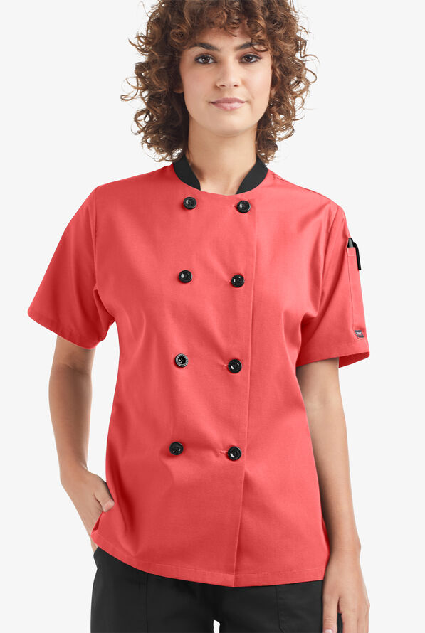 LIGHTWEIGHT Women's 1-Pocket Short Sleeve Double Breasted Chef Coat - Melon/Black - 1