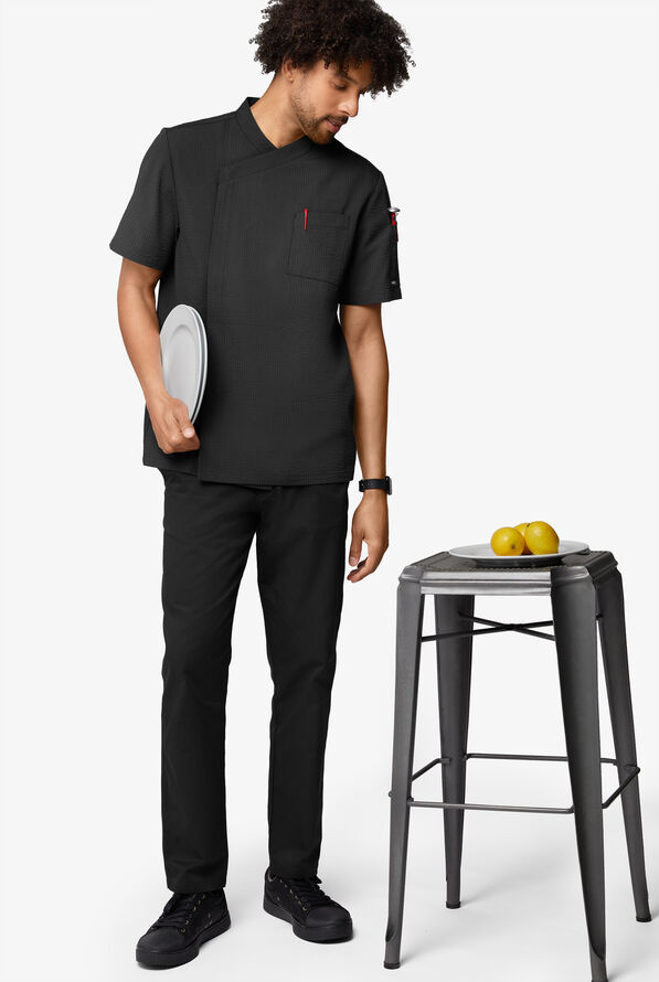 Chef Uniforms Men's Short Sleeve Stretch Seersucker Asymmetrical Coat - Black - 5
