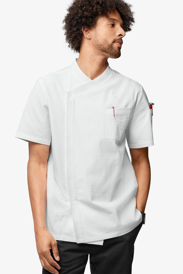 Chef Uniforms Men's Short Sleeve Stretch Seersucker Asymmetrical Coat - White - 1