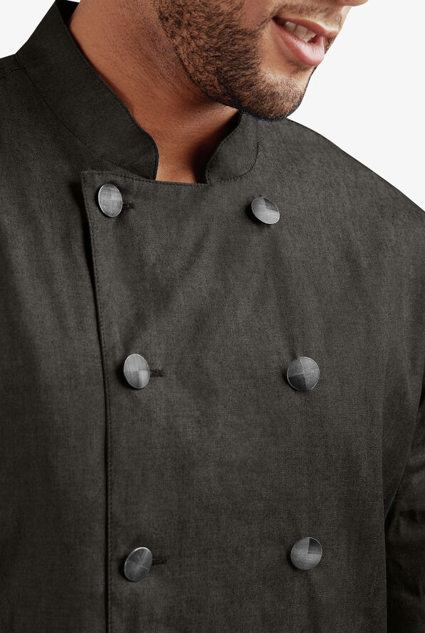 Industry Line Men's 2-Pocket Short Sleeve w/Tech Mesh Side Panels Chambray Chef Coat - Black - 3