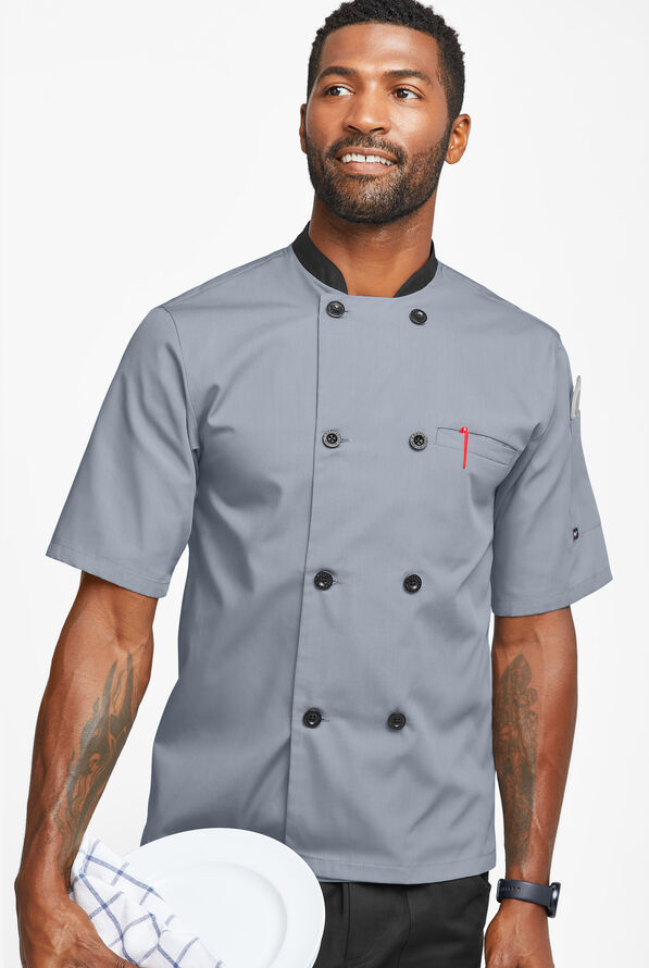 Chaqueta de chef liviana con doble abotonadura y botones de plástico para hombre - Light Grey/Black - 1