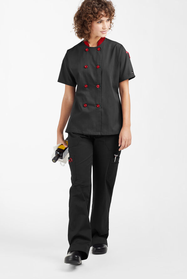 LIGHTWEIGHT Women's 1-Pocket Short Sleeve Double Breasted Chef Coat - Black/Red - 4