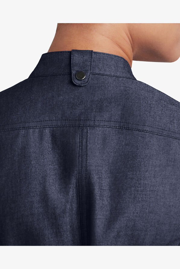 Industry Line Women's 3-Pocket Short Sleeve Chambray w/Tech Mesh Panels Executive Chef Coat - Blue Chambray/Navy - 3