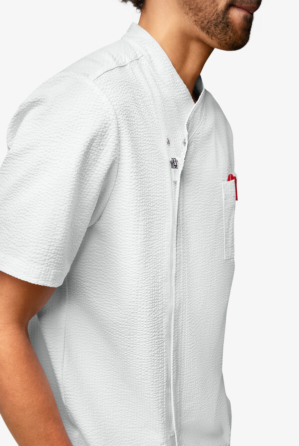 Chef Uniforms Men's Short Sleeve Stretch Seersucker Asymmetrical Coat - White - 5
