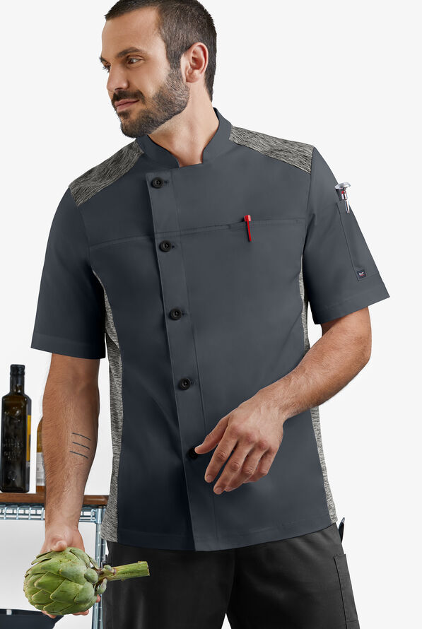 CHEF 360 Men's 2-Pocket Short Sleeve w/ Knit Panels STRETCH Executive Chef Coat - Pewter/Charcoal Melange - 4