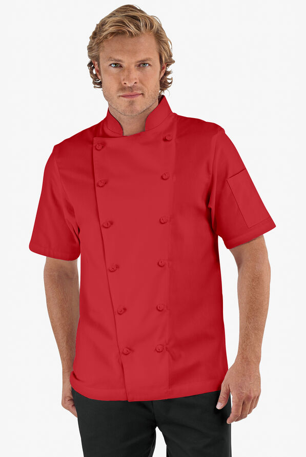 Chaqueta manga corta de gastronomía de corte clásico con 1 bolsillo y botones de tela anudada para hombre - True Red - 1