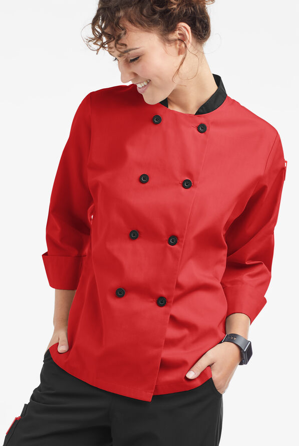 Chaqueta de gastronomía con mangas 3/4 y botones de plástico para mujer - Red/Black - 1