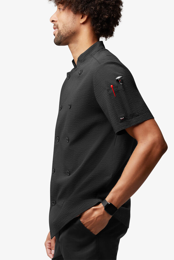 Chef Uniforms Men's Short Sleeve Stretch Seersucker Reversible Double Breasted Coat - Black - 3