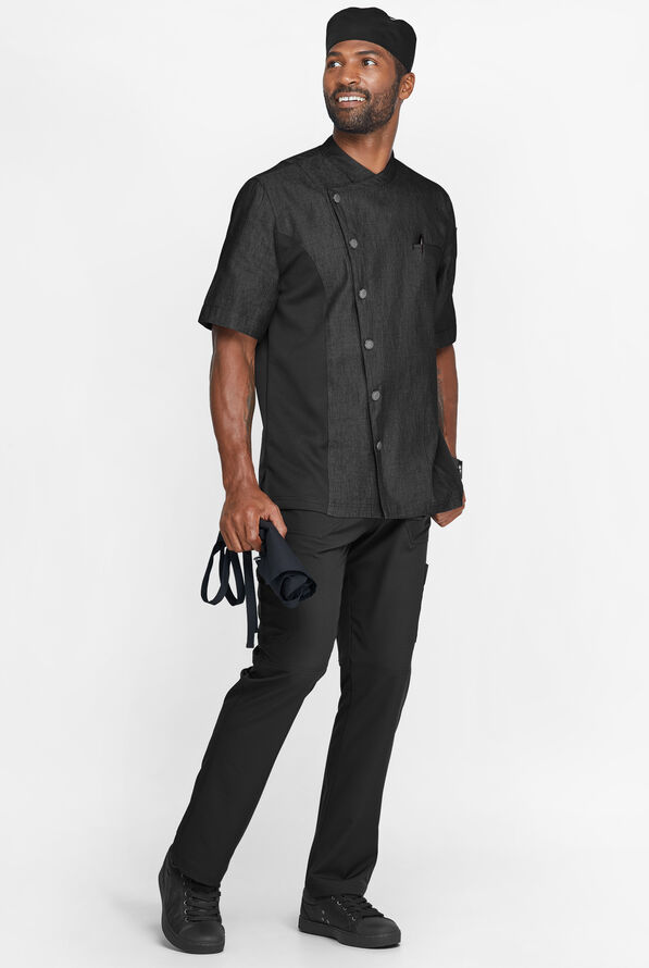 Industry Line Men's 2-Pocket Short Sleeve Chambray w/Tech Mesh Side Panels Executive Chef Coat - Black - 4