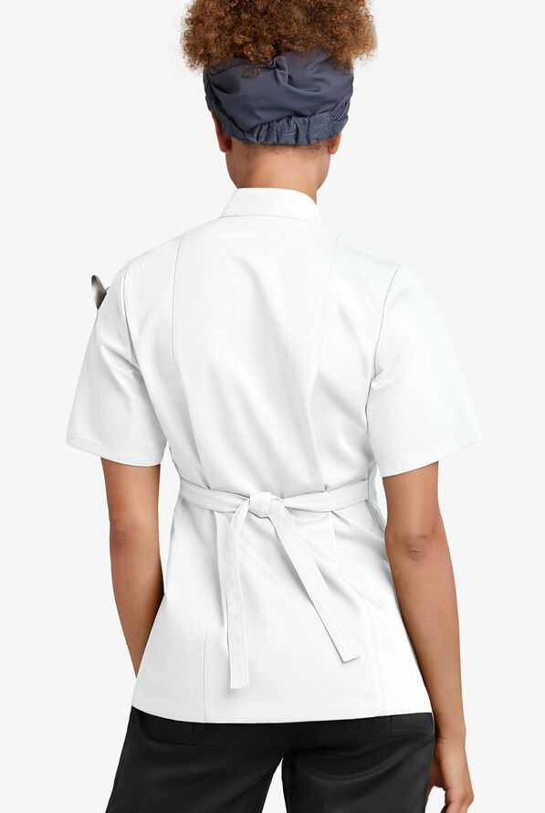 Chaqueta manga corta de gastronomía con 3 bolsillos y botones de tela anudada para mujer - White - 2