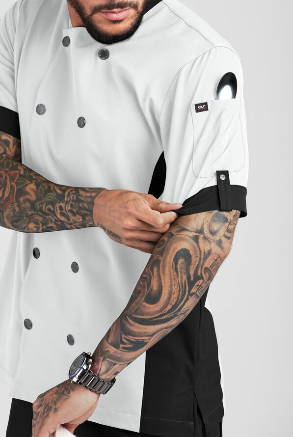 CHEF PERFORMANCE Men's 1-Pocket w/ hidden MESH Back Vent Snap Closure STRETCH Chef Coat - White/Black - 3