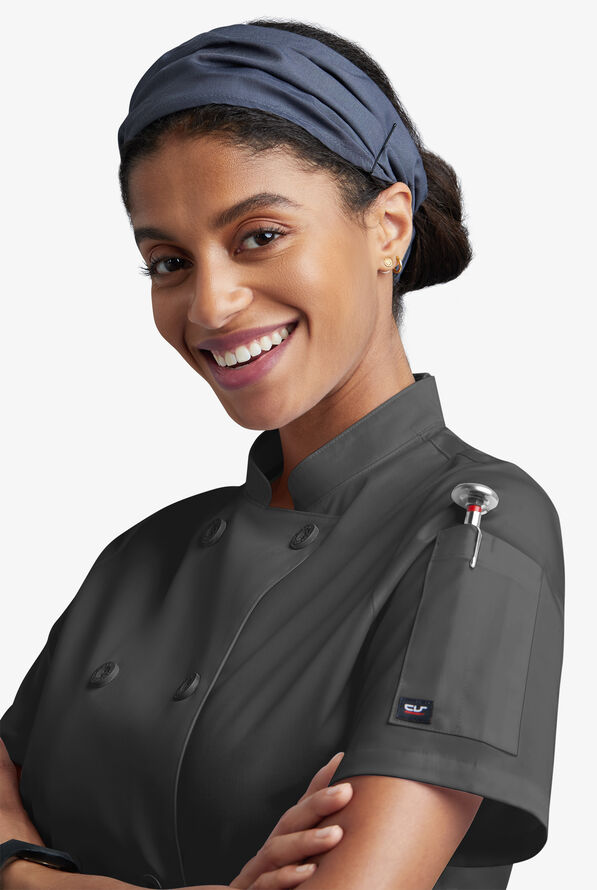 CHEF 360 Women's 1-Pocket Short Sleeve Reversible Double Breasted STRETCH Executive Chef Coat - Black - 3