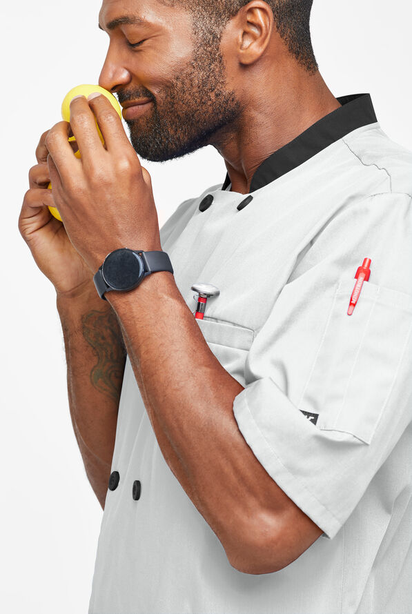 LIGHTWEIGHT Men's Double Breasted w/ Plastic Buttons Chef Coat - White/Black - 3