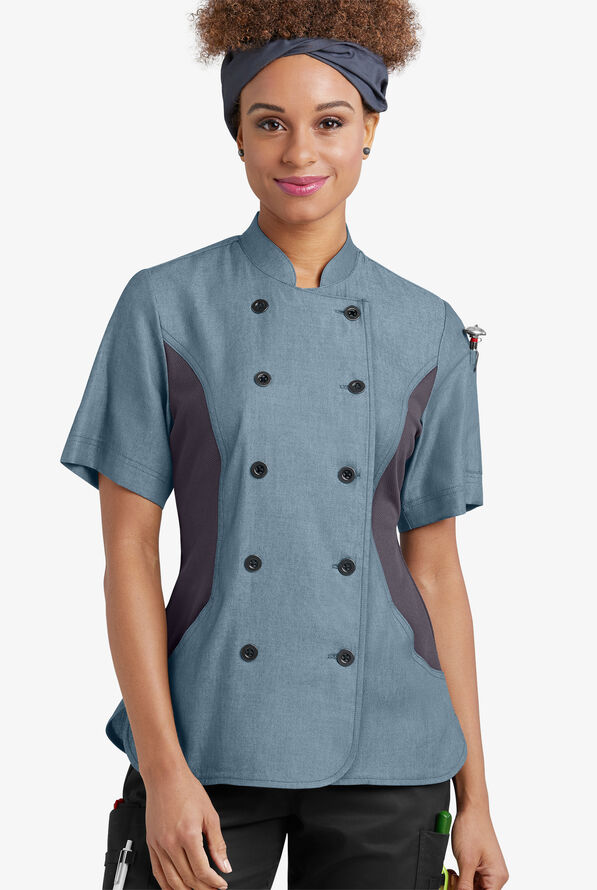 Chaqueta manga corta de gastronomía Industry Line de tela batista con doble abotonadura y paneles de malla para mujer - Light Blue Chambray/Pebble Grey - 1