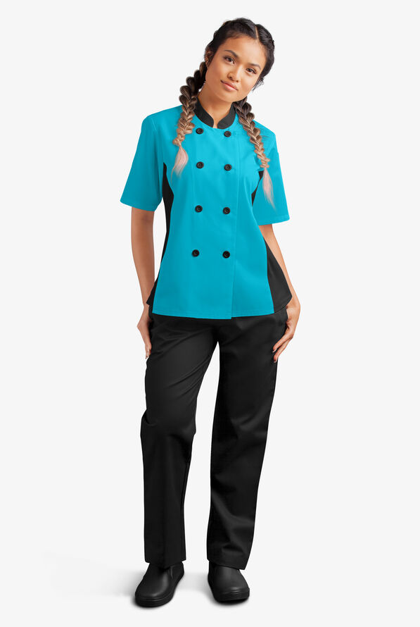 LIGHTWEIGHT Women's Short Sleeve 1-Pocket Tech Mesh Side Panel Chef Coat - Turquoise/Black - 5