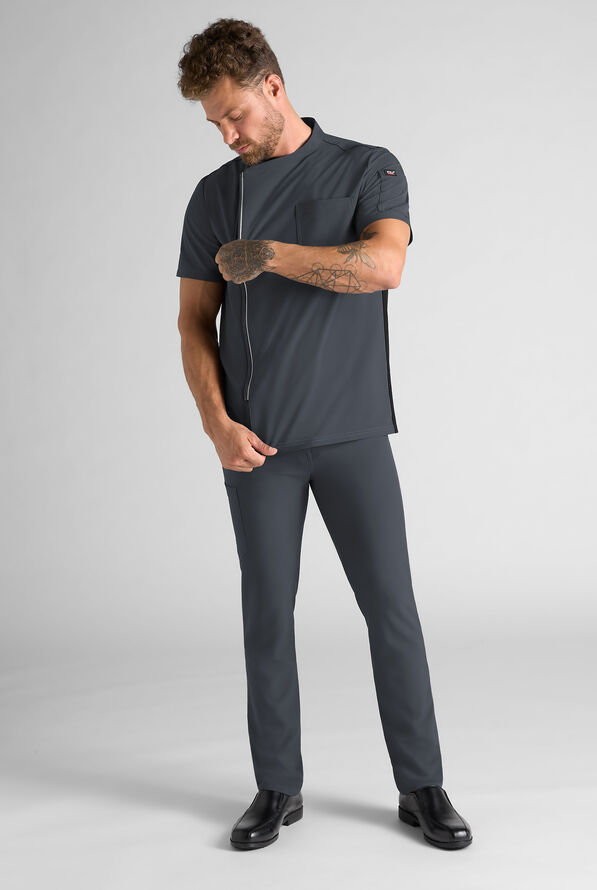 CHEF PERFORMANCE Men's 3- Pocket Asymmetrical Zippered Recycled Fabric Chef Coat - Pewter/Black - 3