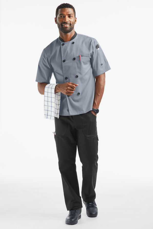 LIGHTWEIGHT Men's Double Breasted w/ Plastic Buttons Chef Coat - Light Grey/Black - 4