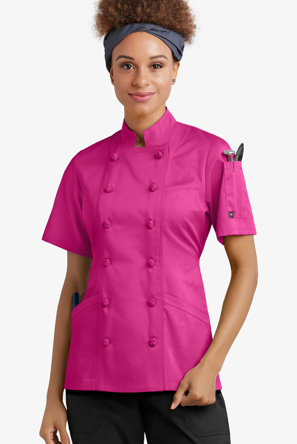 Chaqueta manga corta de gastronomía con 3 bolsillos y botones de tela anudada para mujer - Hot Pink - 1