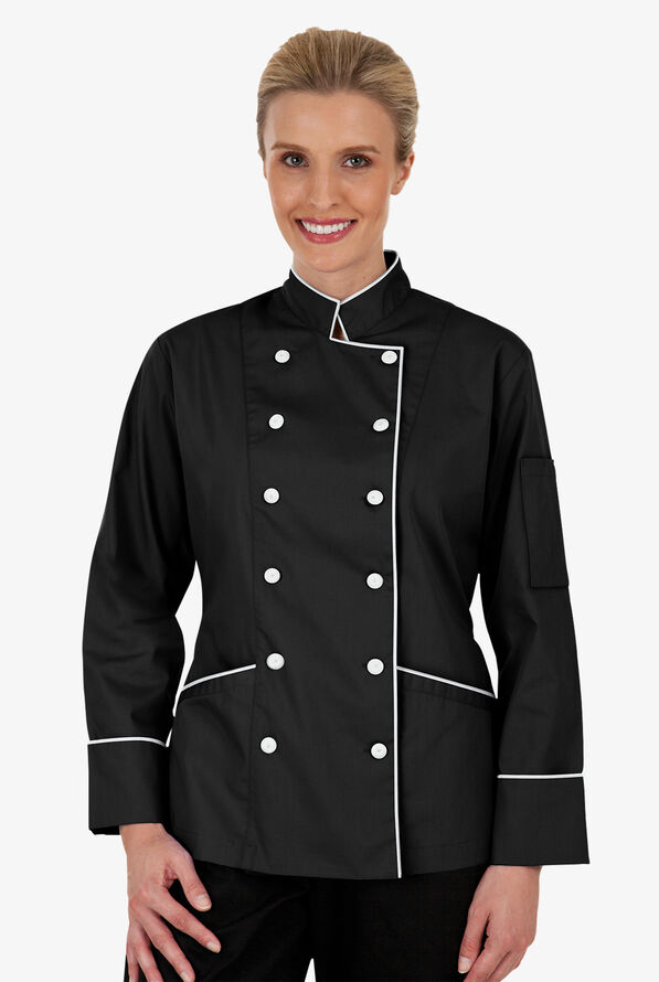Chef Uniforms Women's 2-Pocket Long Sleeve w/ Piping and Fabric Covered Buttons Chef Coat - Black/White - 1