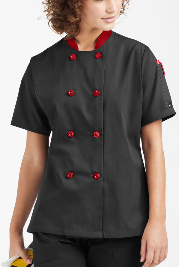 LIGHTWEIGHT Women's 1-Pocket Short Sleeve Double Breasted Chef Coat - Black/Red - 5