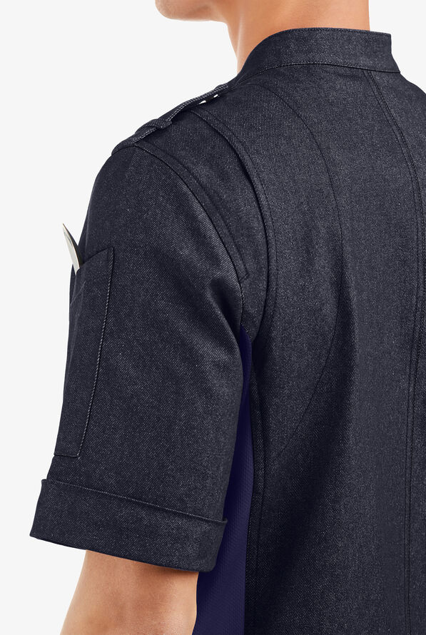 Industry Line Men's 4-Pocket Short Sleeve w/ Tech Mesh Back Panels Military Chef Coat - Blue Denim/Navy - 5