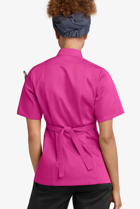 Chaqueta manga corta de gastronomía con 3 bolsillos y botones de tela anudada para mujer - Hot Pink - 2
