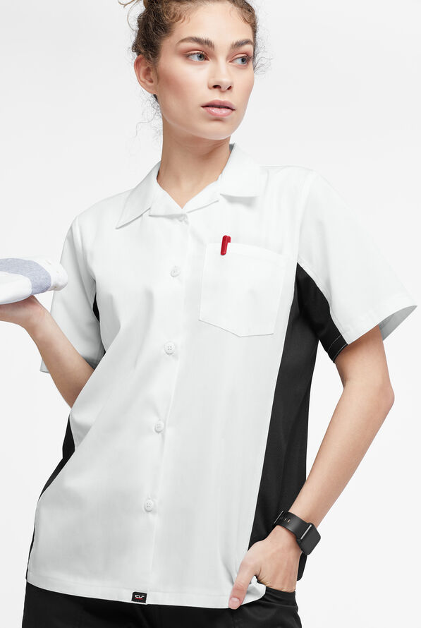 Camisa manga corta de gastronomía Versa de 65/35 poliéster/algodón con botones y 1 bolsillo para mujer - White/Black - 1