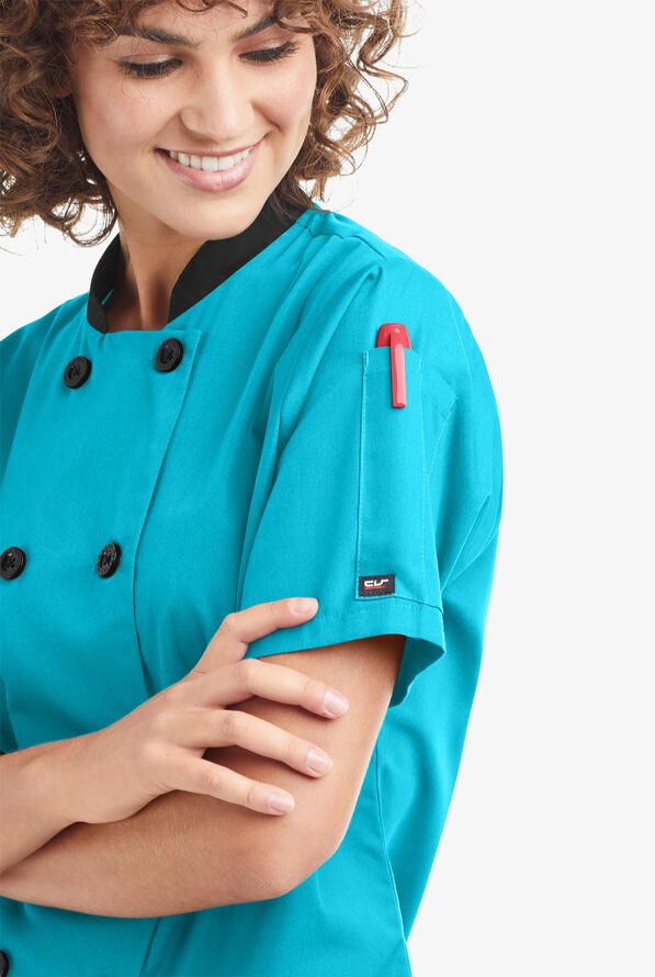 LIGHTWEIGHT Women's 1-Pocket Short Sleeve Double Breasted Chef Coat - Turquoise/Black - 3