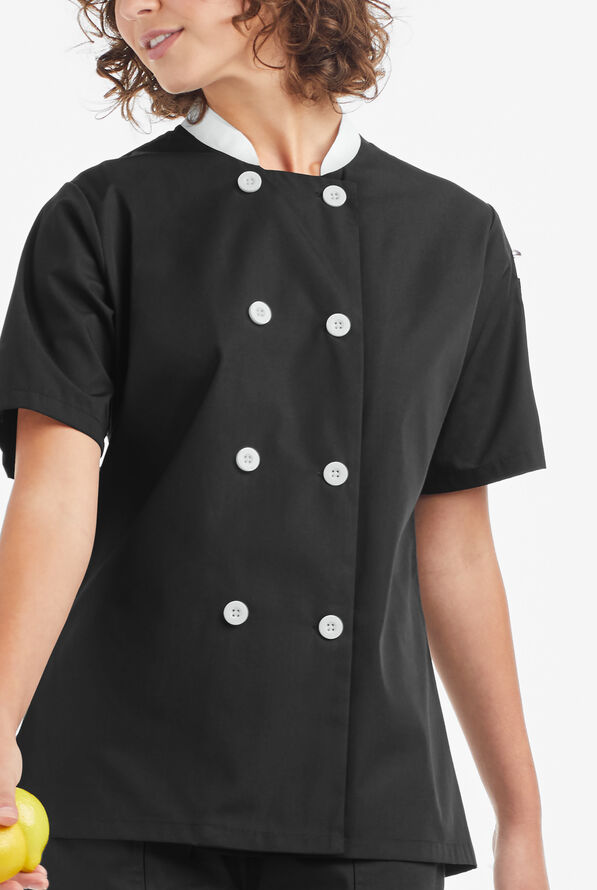 LIGHTWEIGHT Women's 1-Pocket Short Sleeve Double Breasted Chef Coat - Black/White - 5
