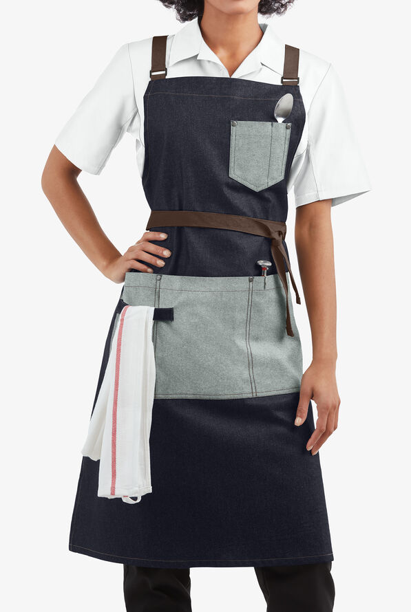 Industry Line Cross Back Denim Unisex 5-Pocket Bib Chef Apron - Blue Denim/Light Blue Denim - 1