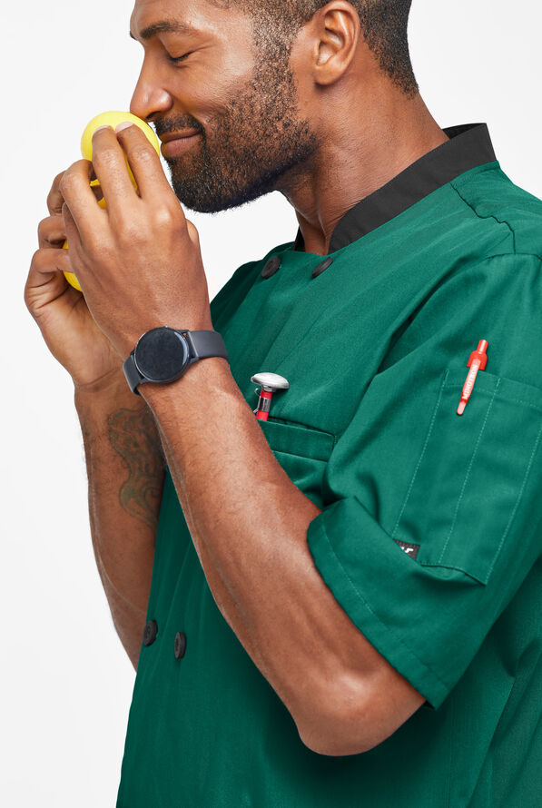 LIGHTWEIGHT Men's Double Breasted w/ Plastic Buttons Chef Coat - Hunter/Black - 3