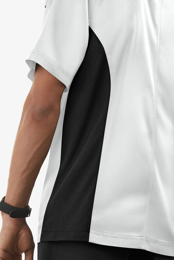 LIGHTWEIGHT Men's Short Sleeve Asymmetrical Snap front with Mesh Panels Chef Coat - White/Black - 5